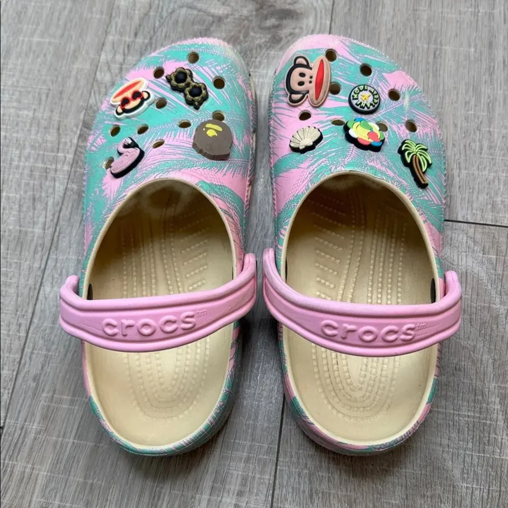 CROCS Kids Pink and Green Water Shoes with Charms